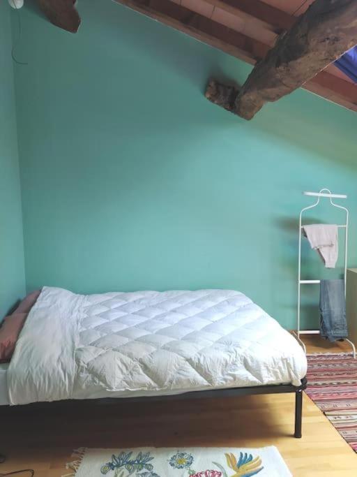 a bed in a room with a blue wall at Stanza privata vicino a parma in casa rurale 