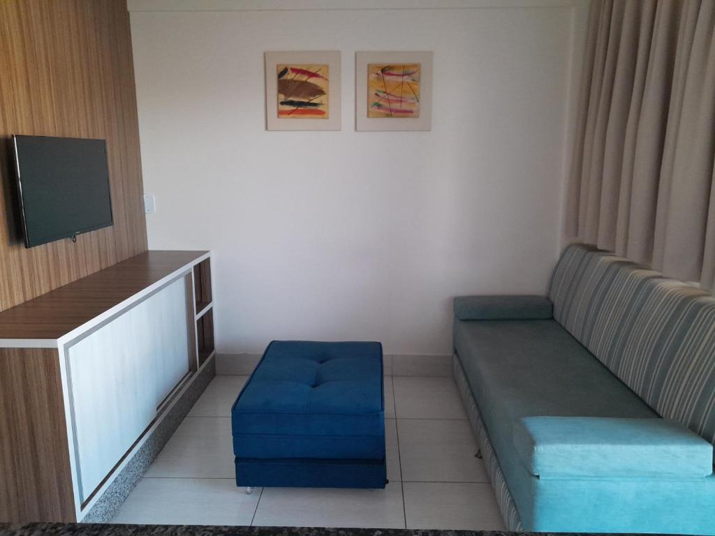 a living room with a couch and a tv at Proprietária in Caldas Novas