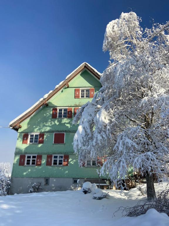 a house covered in snow next to a tree at Allgäu Cottage - traumhafter Blick in die Schweizer Berge in Weiler-Simmerberg