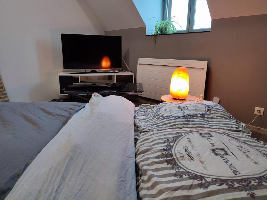 a bedroom with a bed and a tv and a lamp at Appartement chaleureux in Mirebeau-sur-Bèze