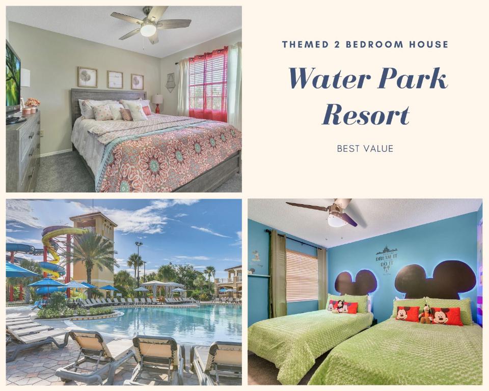 a collage of photos of a hotel room and a water park at Disney Themed Family Villa, Waterpark & Resort Amenities Included in Kissimmee