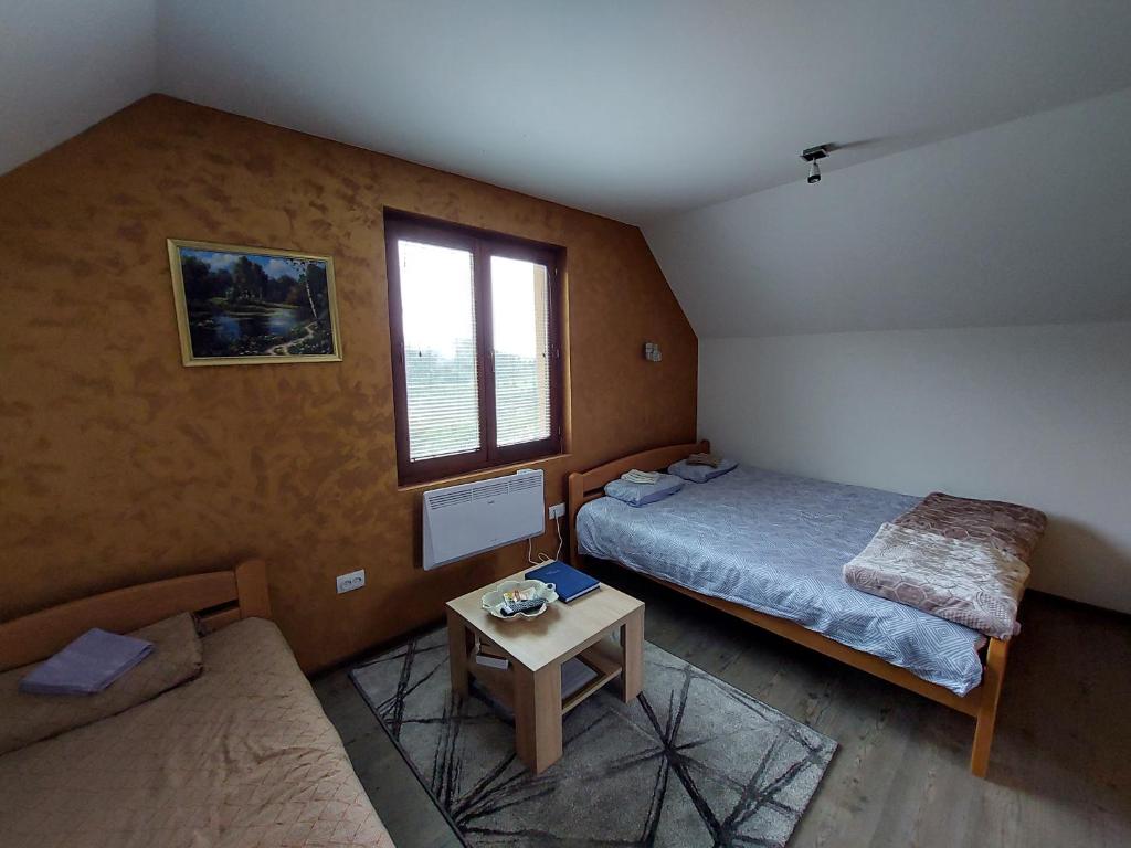 a small room with two beds and a table at Seosko turističko domaćinstvo Bojovići (Vila Mica) in Nova Varoš