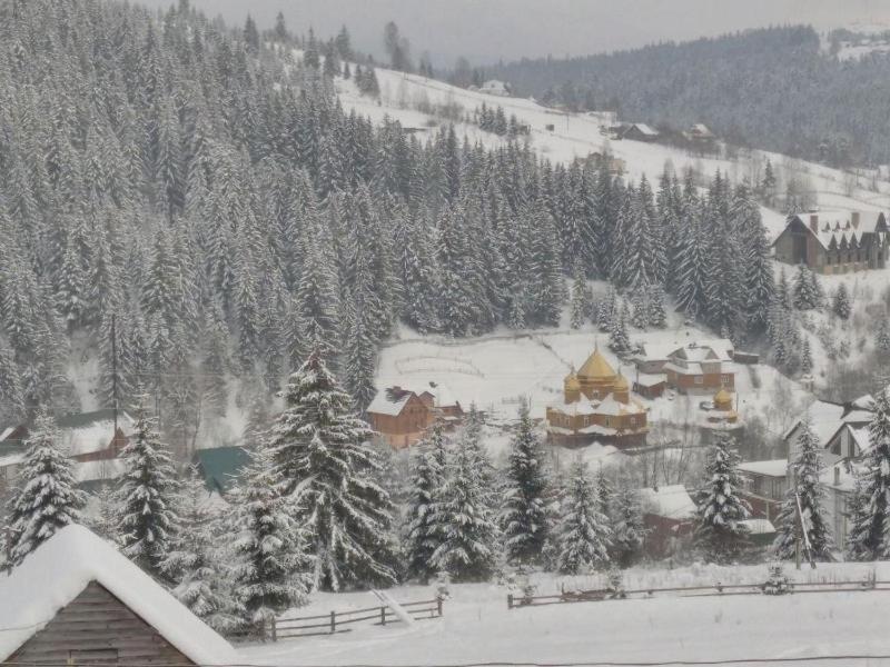 una montaña cubierta de nieve con un lodge y árboles en Еко-садиба "Під ліском", en Yablunytsya