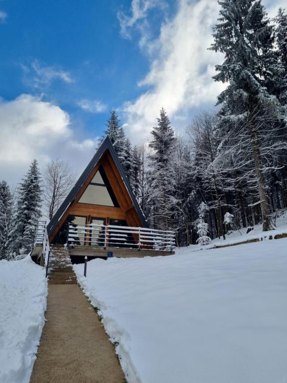 uma cabana de madeira na neve com um caminho em Gorska bajka - Borovica, planinska kuća za odmor i wellness em Stara Sušica