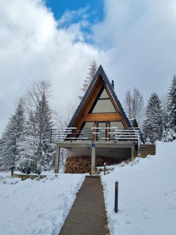una baita di tronchi nella neve con un marciapiede di Gorska bajka - Tisa, planinska kuća za odmor i wellness a Stara Sušica