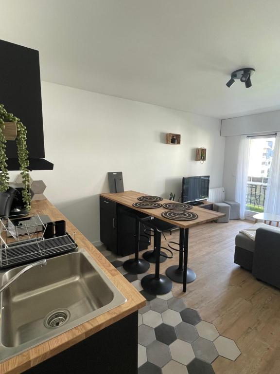 a kitchen with a sink and a living room at L'échappée Cabourgeaise in Cabourg