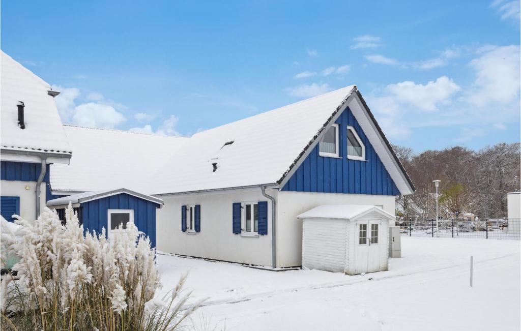 una casa azul y blanca en la nieve en Ferienhaus 2 Altefhr, en Altefähr