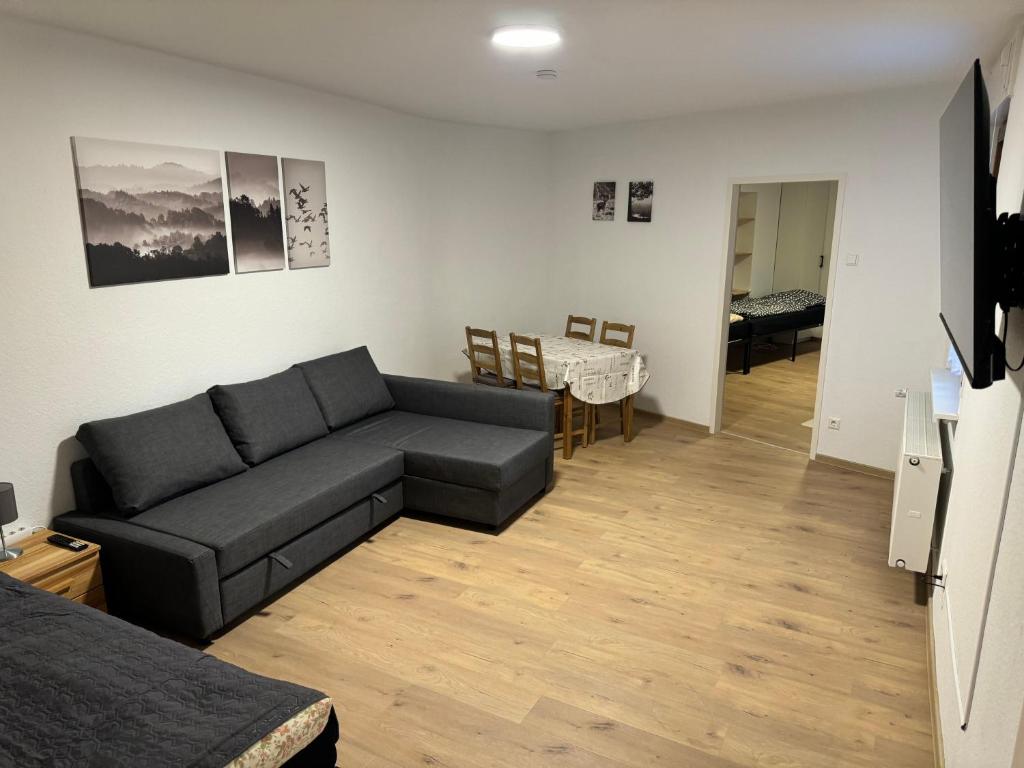 - un salon avec un canapé et une table dans l'établissement 5-room apartment (120 sqm) with 2 bathrooms, 2 kitchens, bar area & balcony directly in the city centre, à Karlsruhe