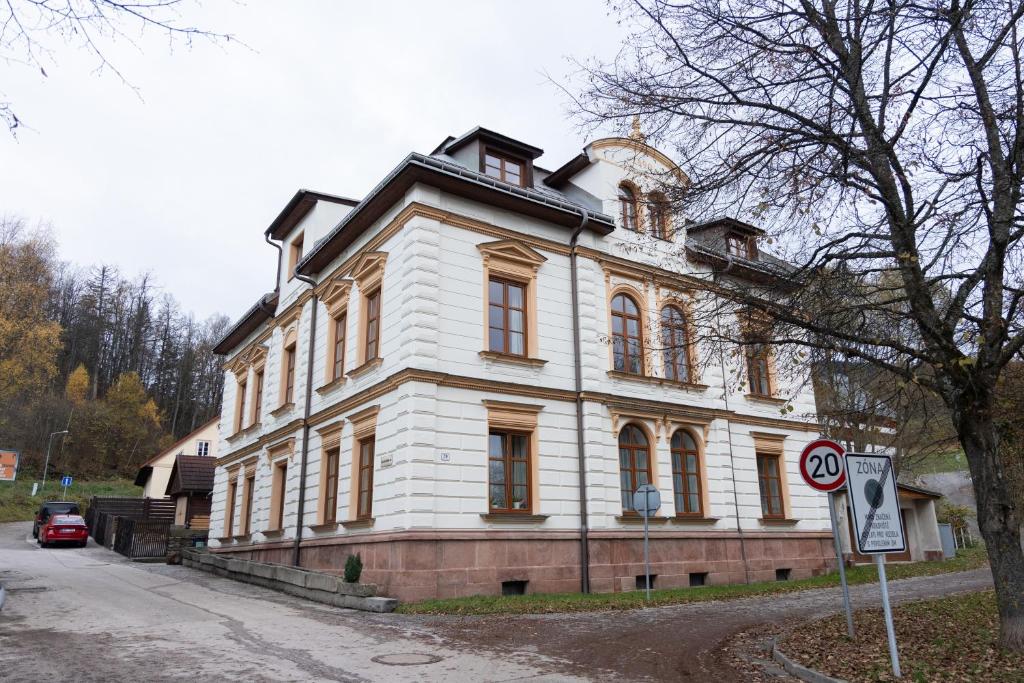 a large white building on the side of a street at Apartmány U Davídků in Cerny Dul