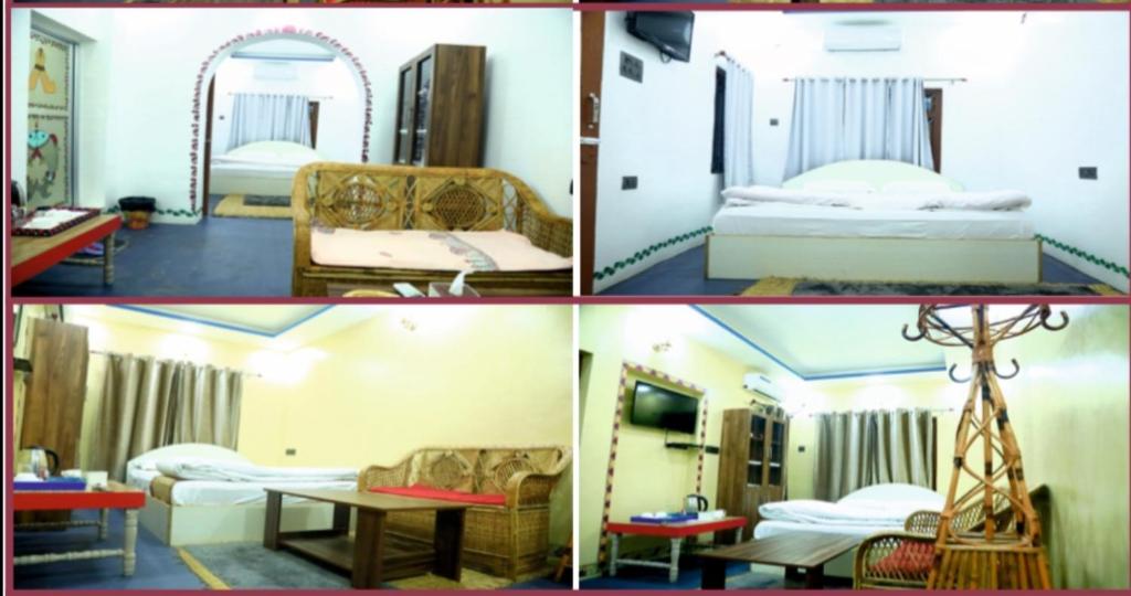 een collage van vier foto's van een hotelkamer bij Mithila Thali By Chef Santosh Shah in Janakpur