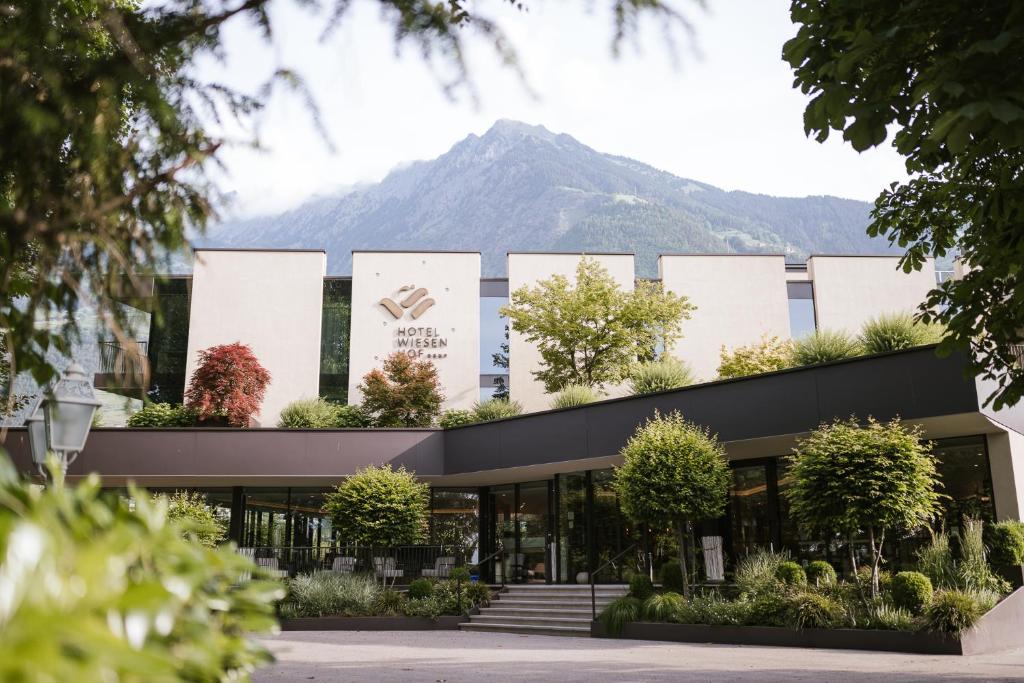 a building with a mountain in the background at Hotel Wiesenhof in Lagundo