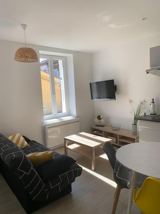 un salon avec un canapé et une table dans l'établissement Studio 30m2 3 pers centre village, à Bessèges
