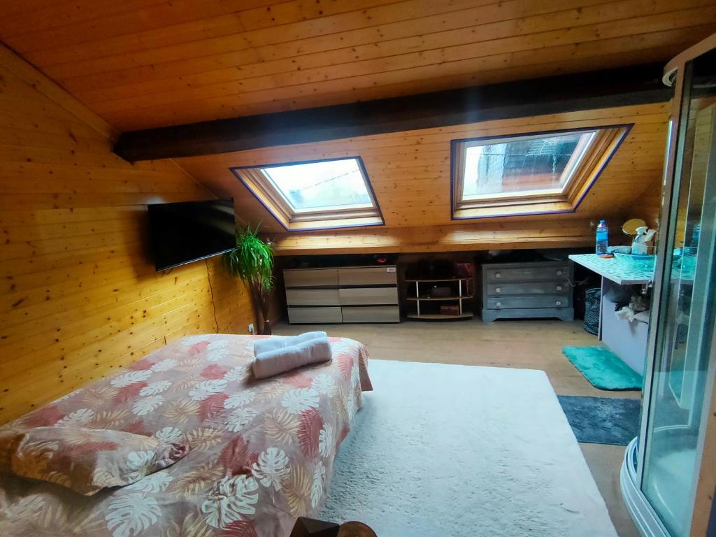 - une chambre avec deux lucarnes et un lit dans une pièce dans l'établissement Maison de ski et randonnée, 