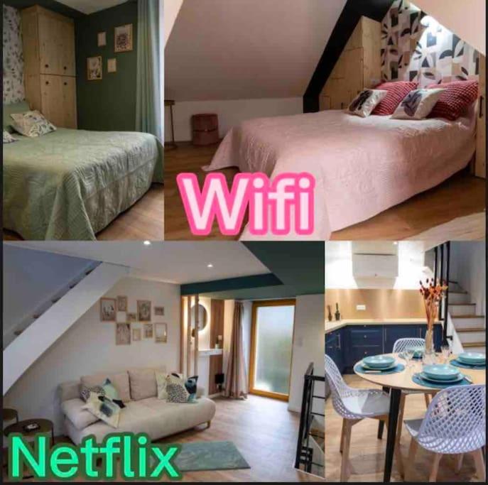 un collage de fotos de un dormitorio y una sala de estar en Maison de village, en Chirac