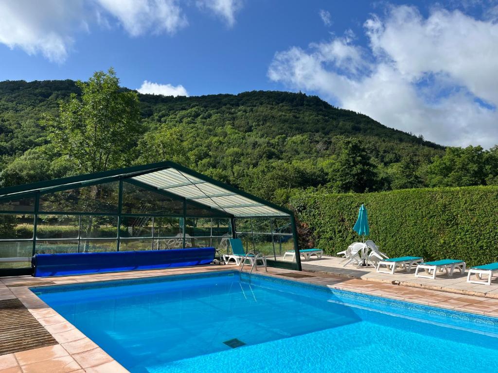 a swimming pool with a mountain in the background at Residence des Domes in Murol