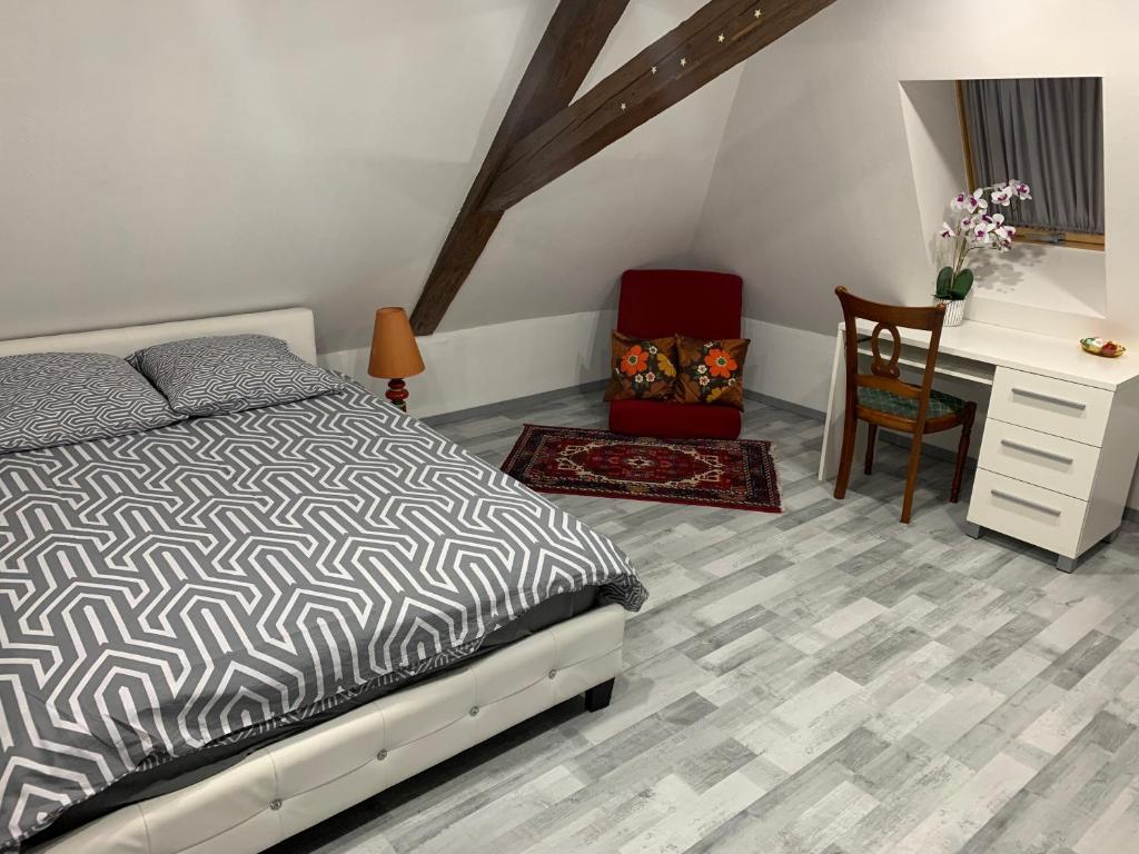 Schlafzimmer mit einem Bett, einem Schreibtisch und einem Stuhl in der Unterkunft Chambre rustique avec double lit et sa salle de bain privée in Urbès