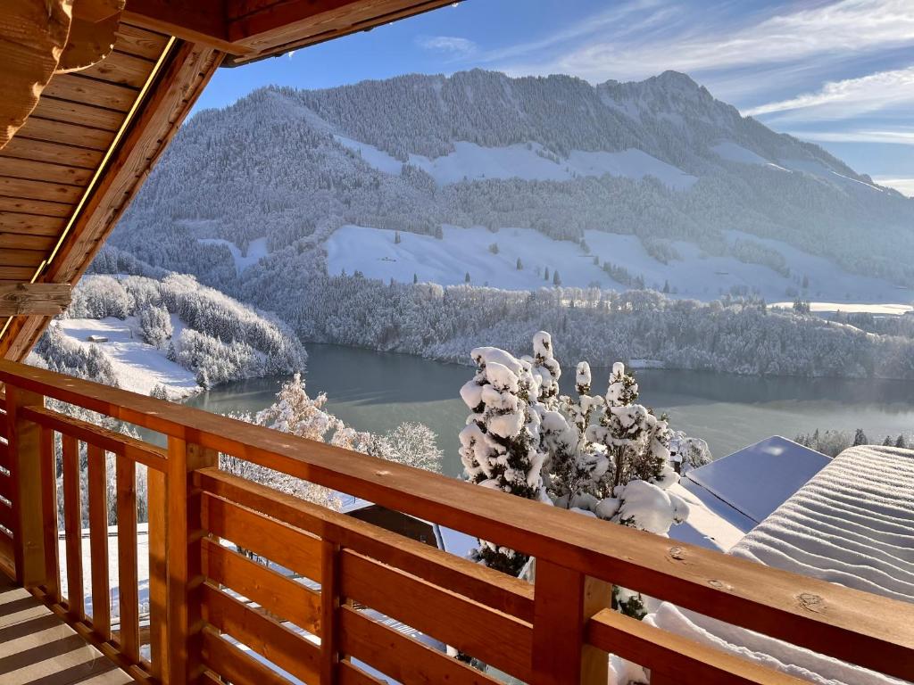 a view from the deck of a cabin with snow covered mountains at Chalet les Ecureuils Apartment Penthouse Suite in Crésuz