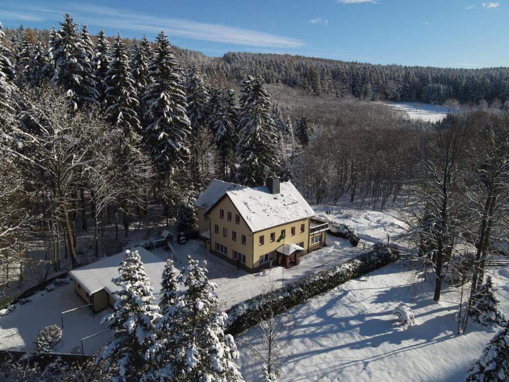 uma vista aérea de uma casa na neve em Haus Wiesenbaude em Bärenstein