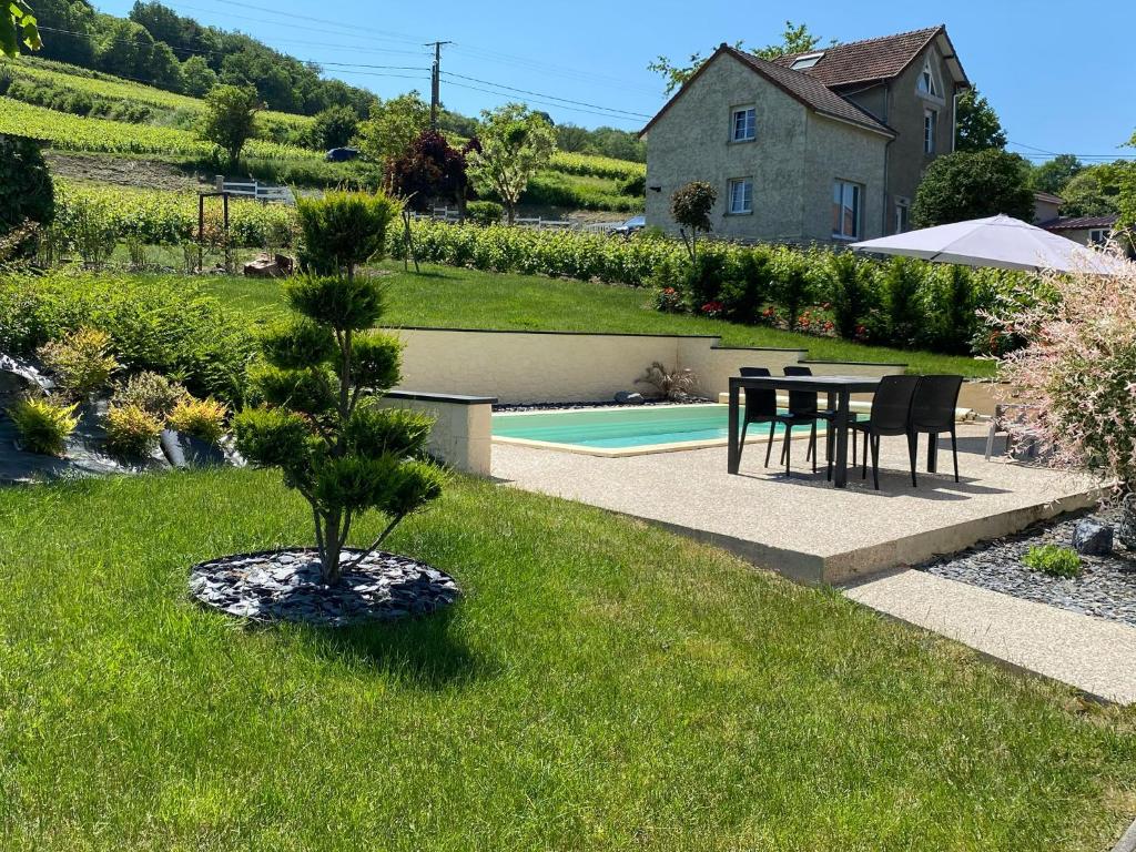 un giardino con tavolo e un albero nell'erba di Le Clos Saint Vincent maison avec piscine a Vauciennes