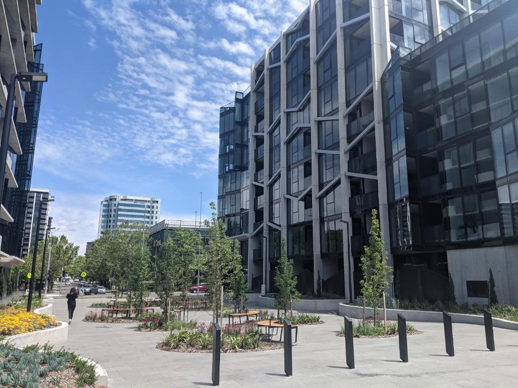 a building in a city with trees in a courtyard at Smart apartment right in Canberra CBD in Canberra