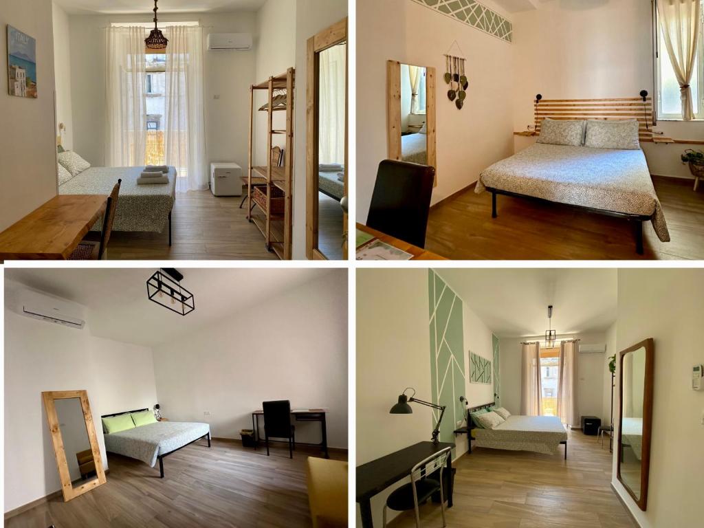 ナポリにあるLe camere del Nonno Luigiのベッド1台とリビングルーム付きの部屋の写真2枚