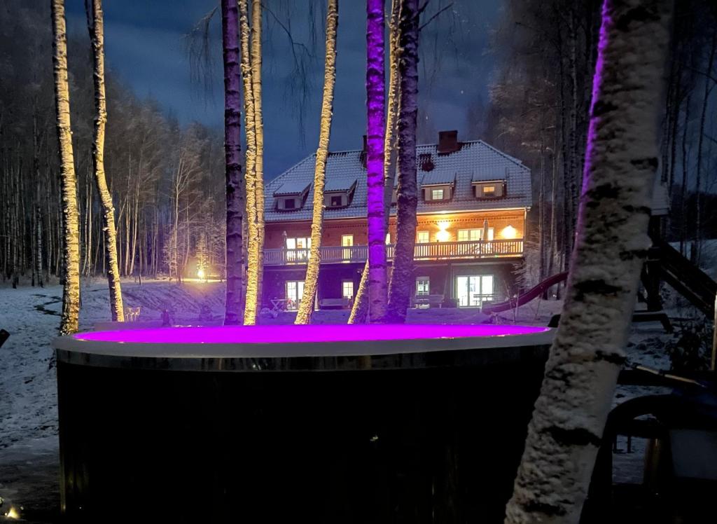 dom z fioletowym oświetleniem w śniegu w nocy w obiekcie Przystań Piecek w mieście Stręgielek
