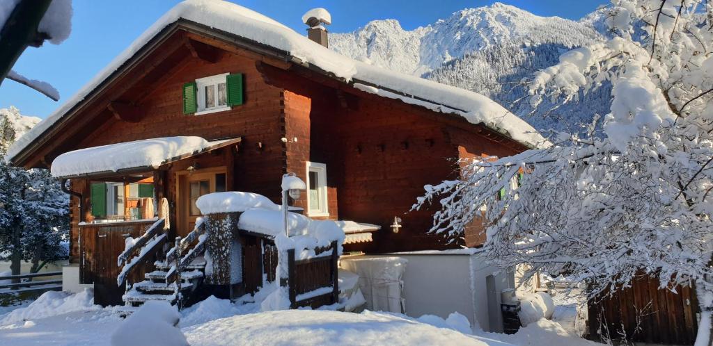 a house covered in snow in front of a mountain at Chalet Montafon in Vandans