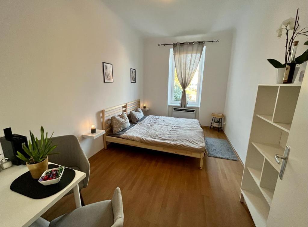 a bedroom with a bed and a window at Studio-Apartment in zentraler Lage in Graz