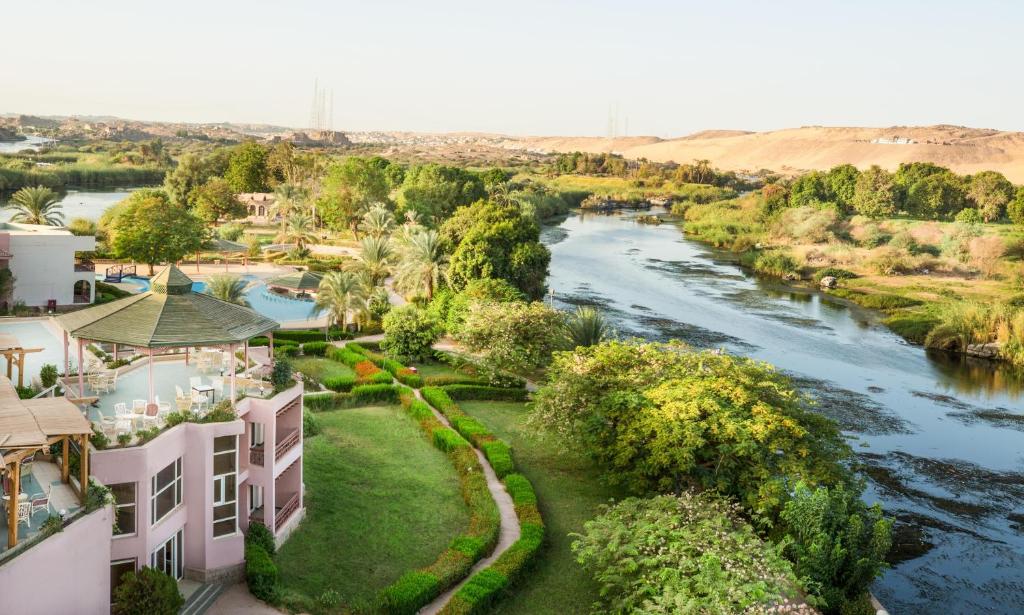 an aerial view of a river between two buildings at Pyramisa Island Hotel Aswan in Aswan