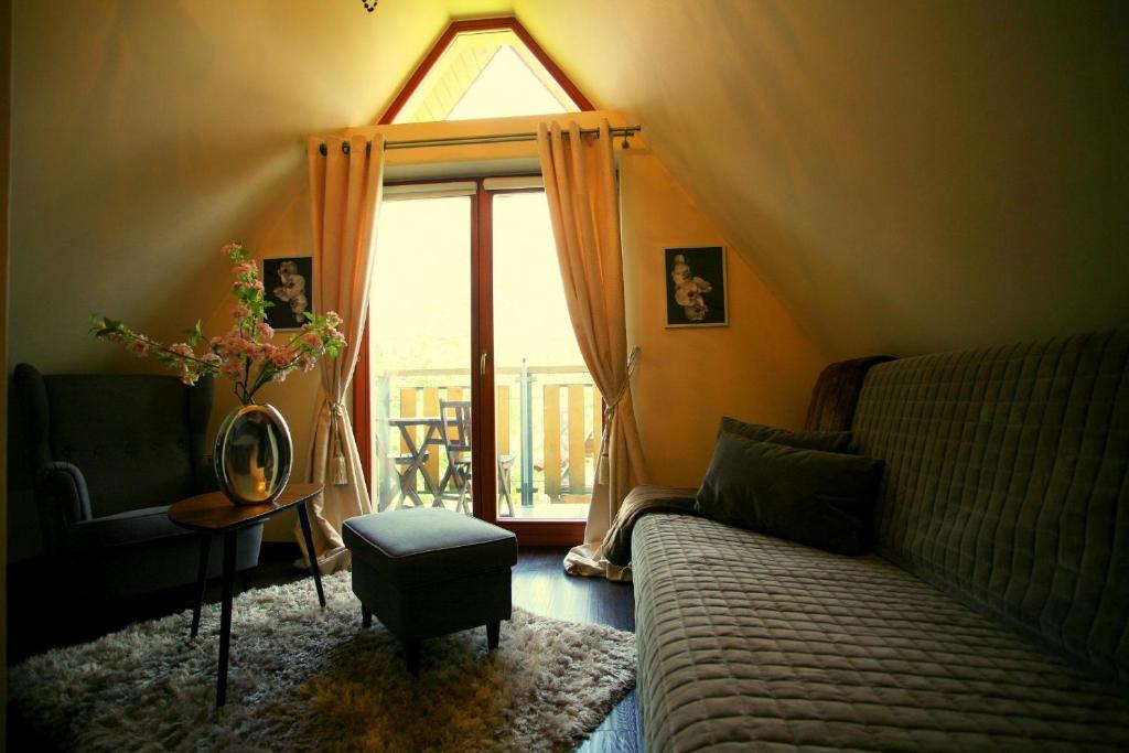sala de estar con sofá y ventana en Apartament Glamour I, en Zakopane
