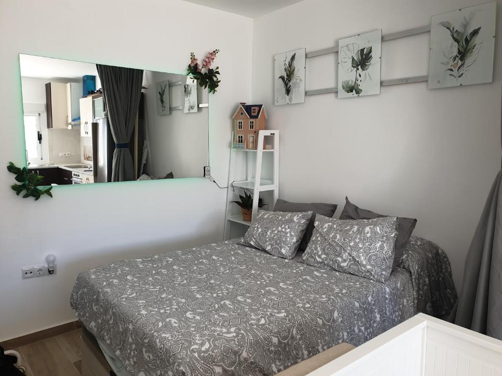 sypialnia z łóżkiem i lustrem w obiekcie CALTERR - Loft con Terraza privada, Wifi, Recién reformado w mieście Torremolinos