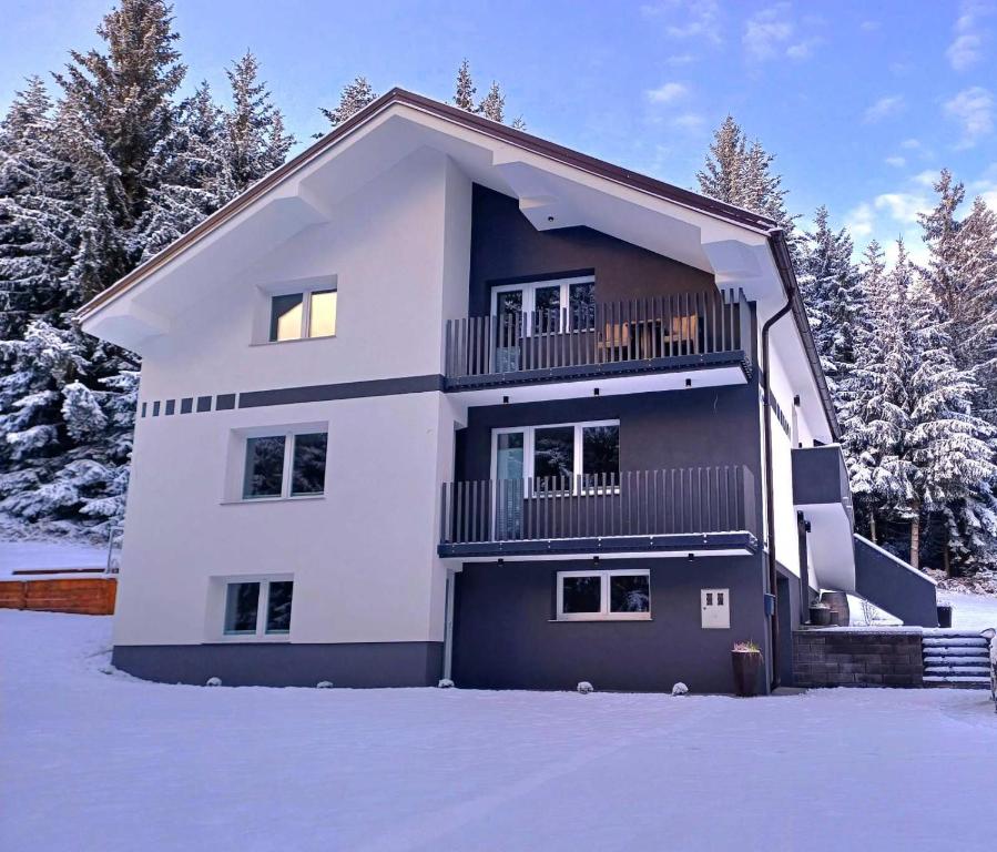 una casa en la nieve con suelo cubierto de nieve en Green Garden House, en Zreče