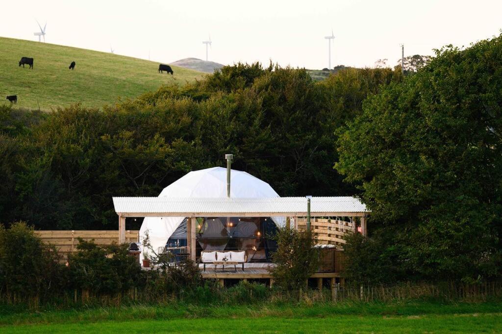 une maison avec une tente dans un champ dans l'établissement Hillside Haven - (Luxury Geodome), à Portpatrick