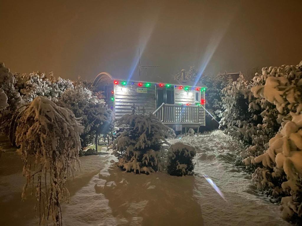 Un camión de bomberos está cubierto de nieve con luces de Navidad en The Little John Petite Cosy log Cabin Romantic Stay Sleeps 2 Near Sherwood Forest at Fairview Farm Nottingham set in 88 acres en Blidworth