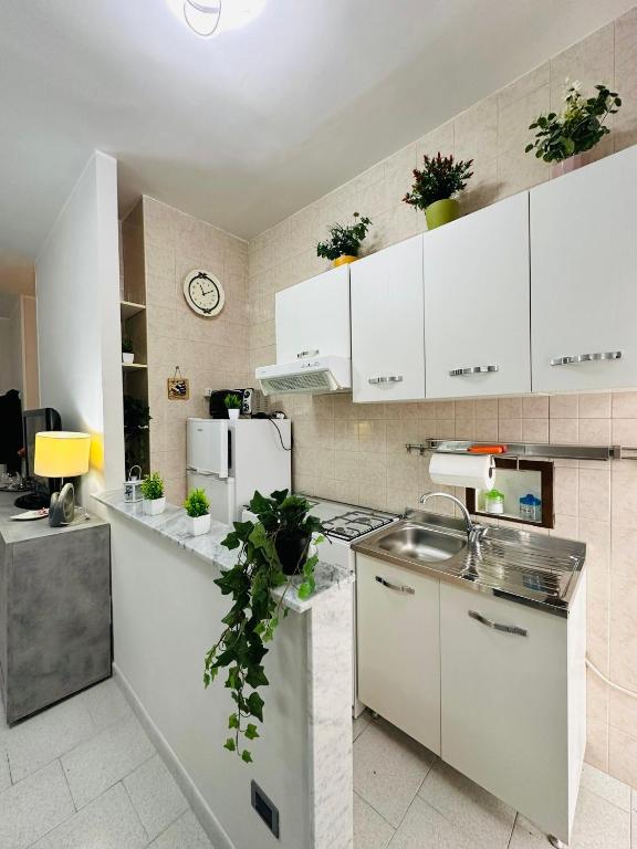 a kitchen with white cabinets and a white refrigerator at Ferdirisa Vesuvio Home&Garden in San Giorgio a Cremano
