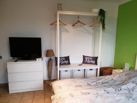 a bedroom with a bed and a tv on a dresser at Nordsee Ferienwohnung an der Küste mit Inselblick in Dornum