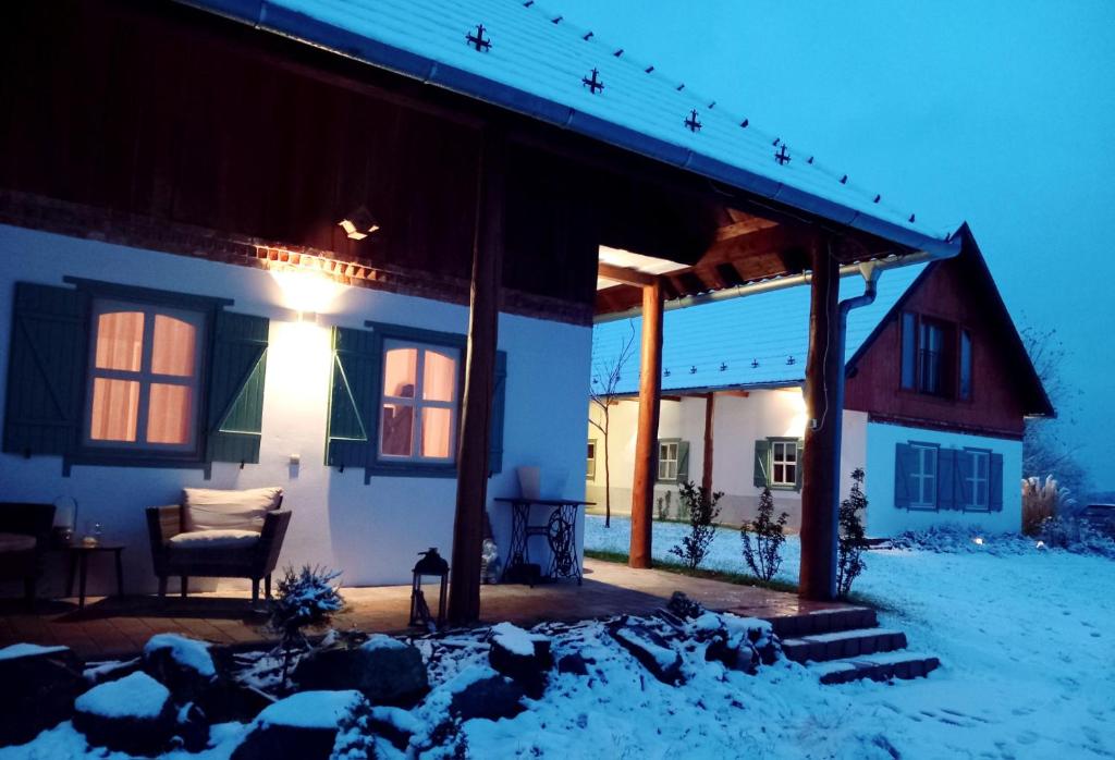 a house with a covered porch in the snow at Őri Art Inn in Őriszentpéter