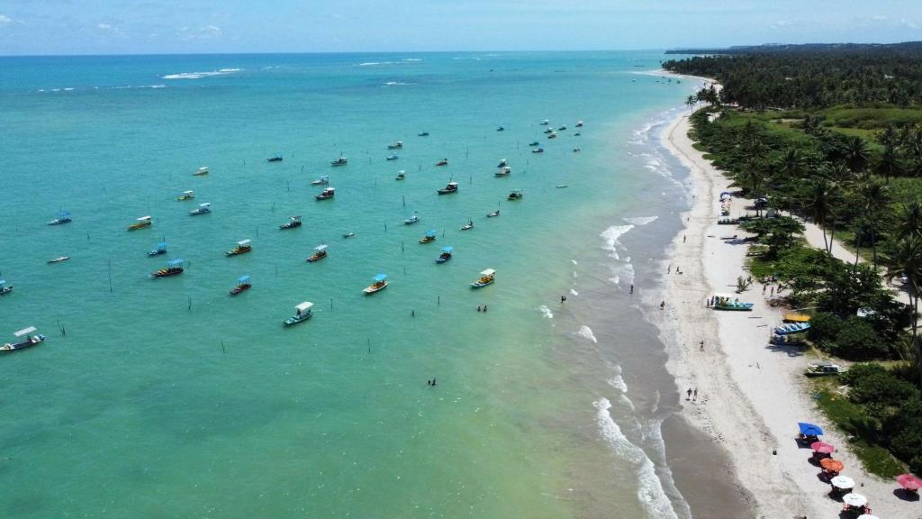 una vista aérea de una playa con barcos en el agua en Suíte Aconchego dos Milagres, en São Miguel dos Milagres