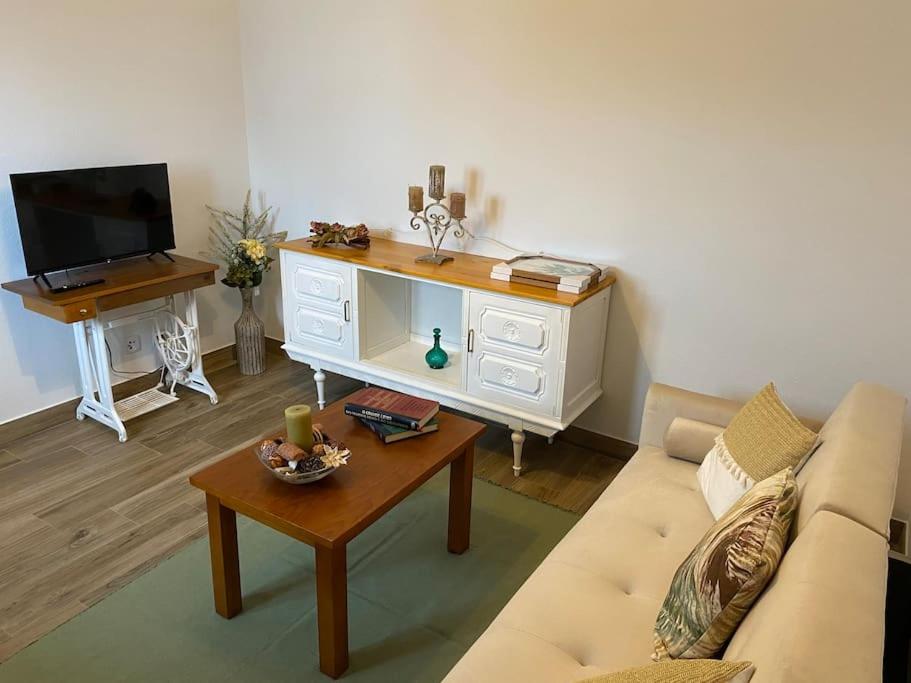 a living room with a couch and a tv at Casa da Bisa in Carreiras
