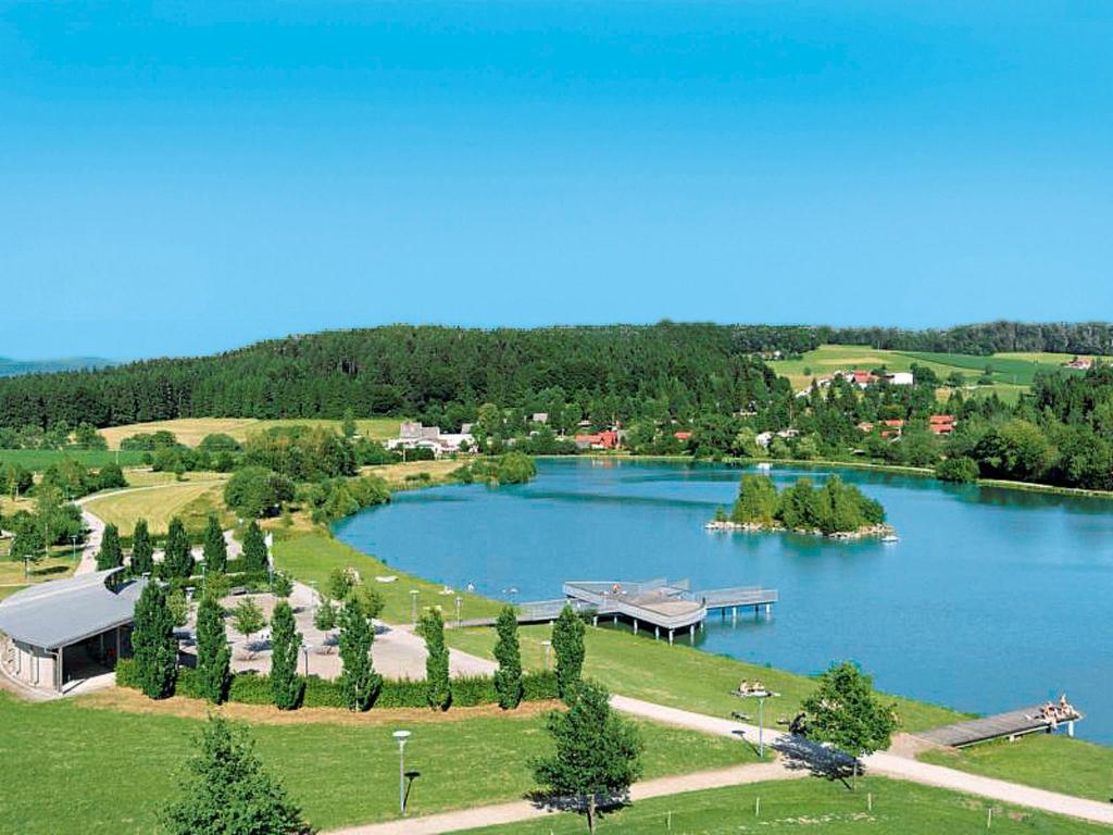 an aerial view of a lake with a house and a dock at Holiday Home Jägerwiesen-8 by Interhome in Waldkirchen