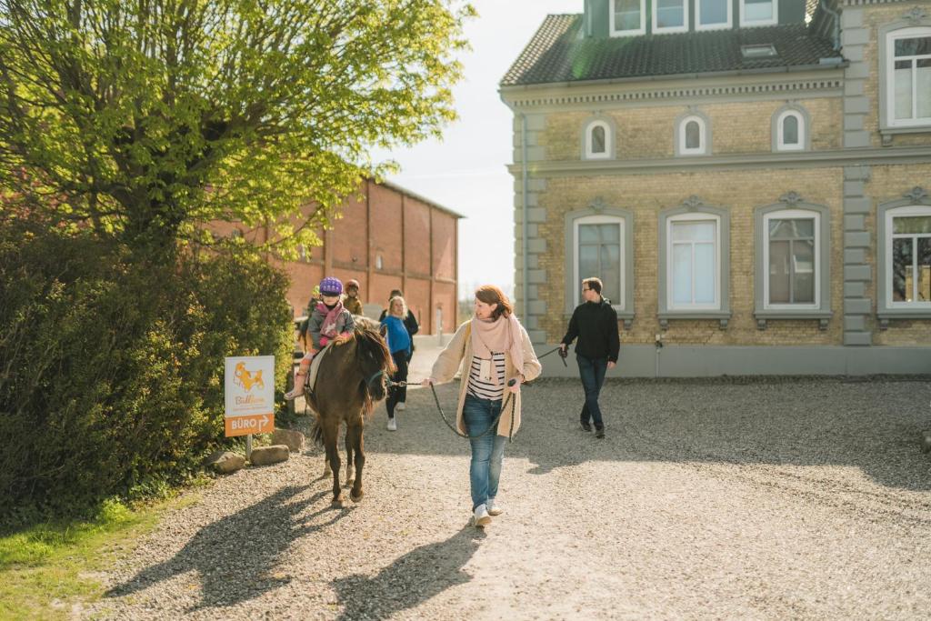 a group of people walking a horse down a street at Büdlfarm - Der Familien-Erlebnishof in Strandnähe in Fehmarn