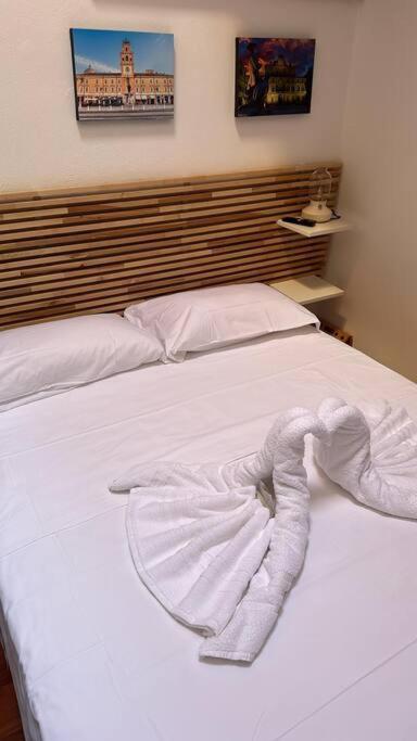 a bed with a white blanket on top of it at Mantova 4 (trilocale Parma) in Parma