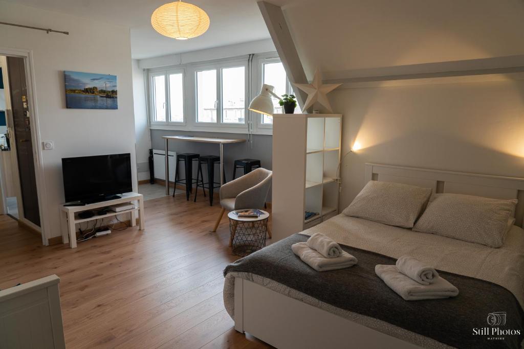 a bedroom with a bed and a living room at Les Beaux Jours, Tours in Tours