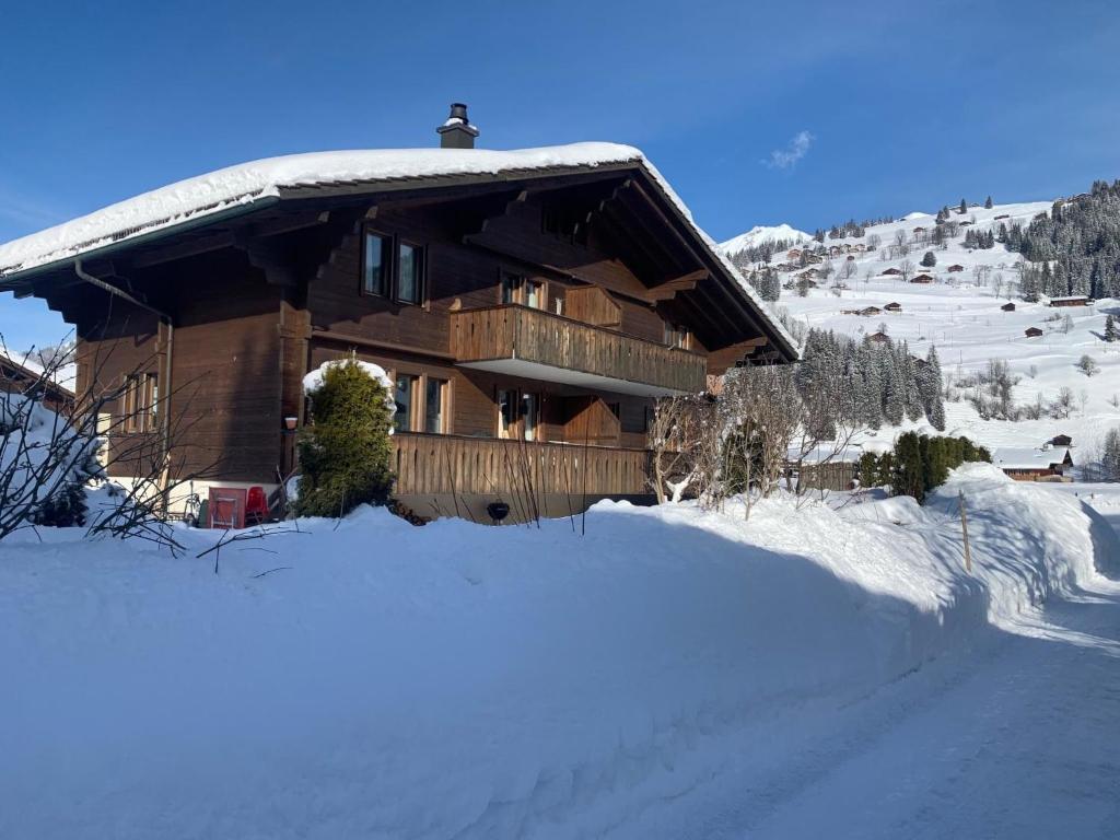 a log cabin in the snow with a road in front at Apartment Chalet Ilge by Interhome in Lenk