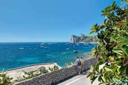 two people standing on a wall looking at the ocean at Ginestra beach suite in Massa Lubrense