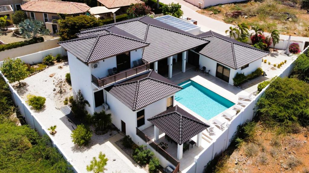 an aerial view of a house with a swimming pool at Arashi Palm Villa in Noord