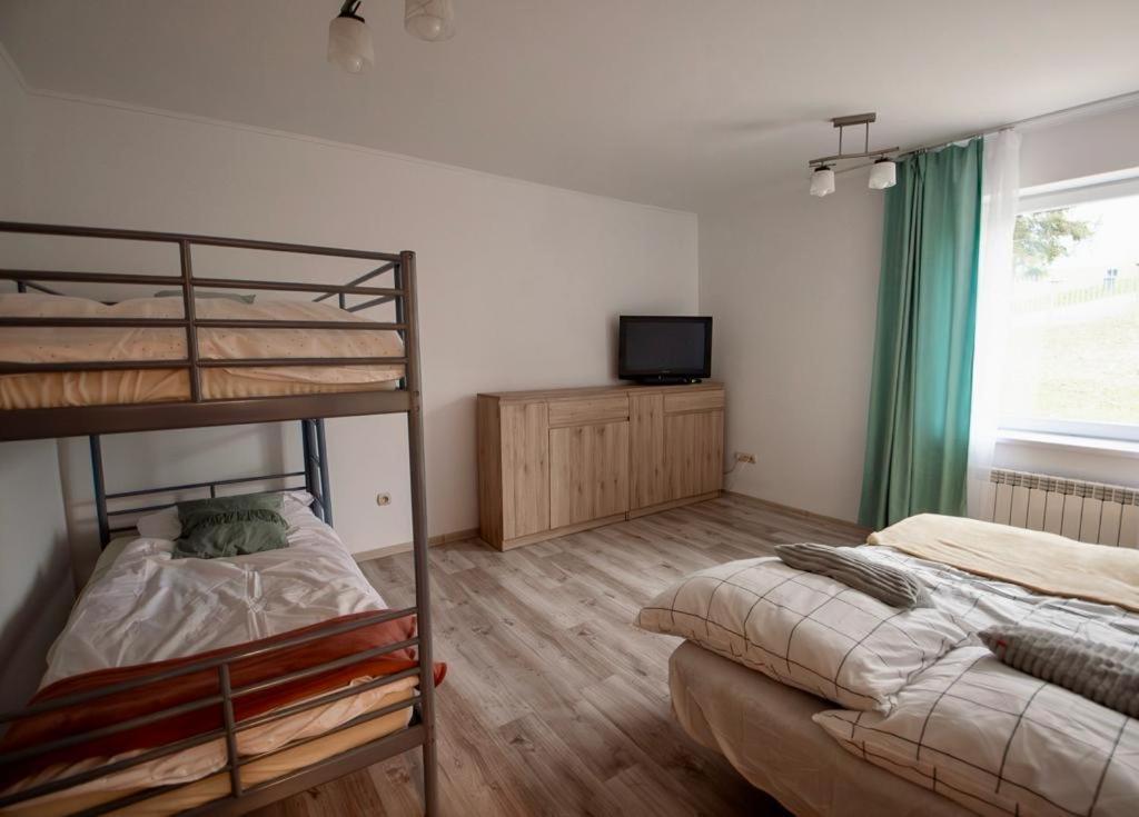 a bedroom with two bunk beds and a television at Domek Wilgówka in Jastrzębia
