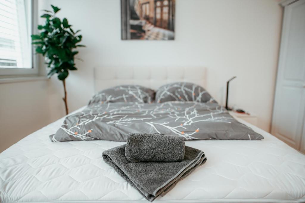 Una cama con dos toallas encima. en Vienna Danube Apartment 45, en Viena