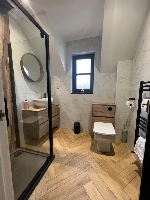 een badkamer met een toilet, een wastafel en een spiegel bij Nevis Croft Apartment 2 in Fort William