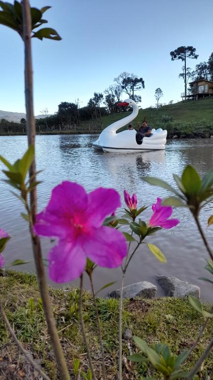 a boat in the water with a person in it at Refúgio Altos do Campestre - TURISMO RURAL in Urubici